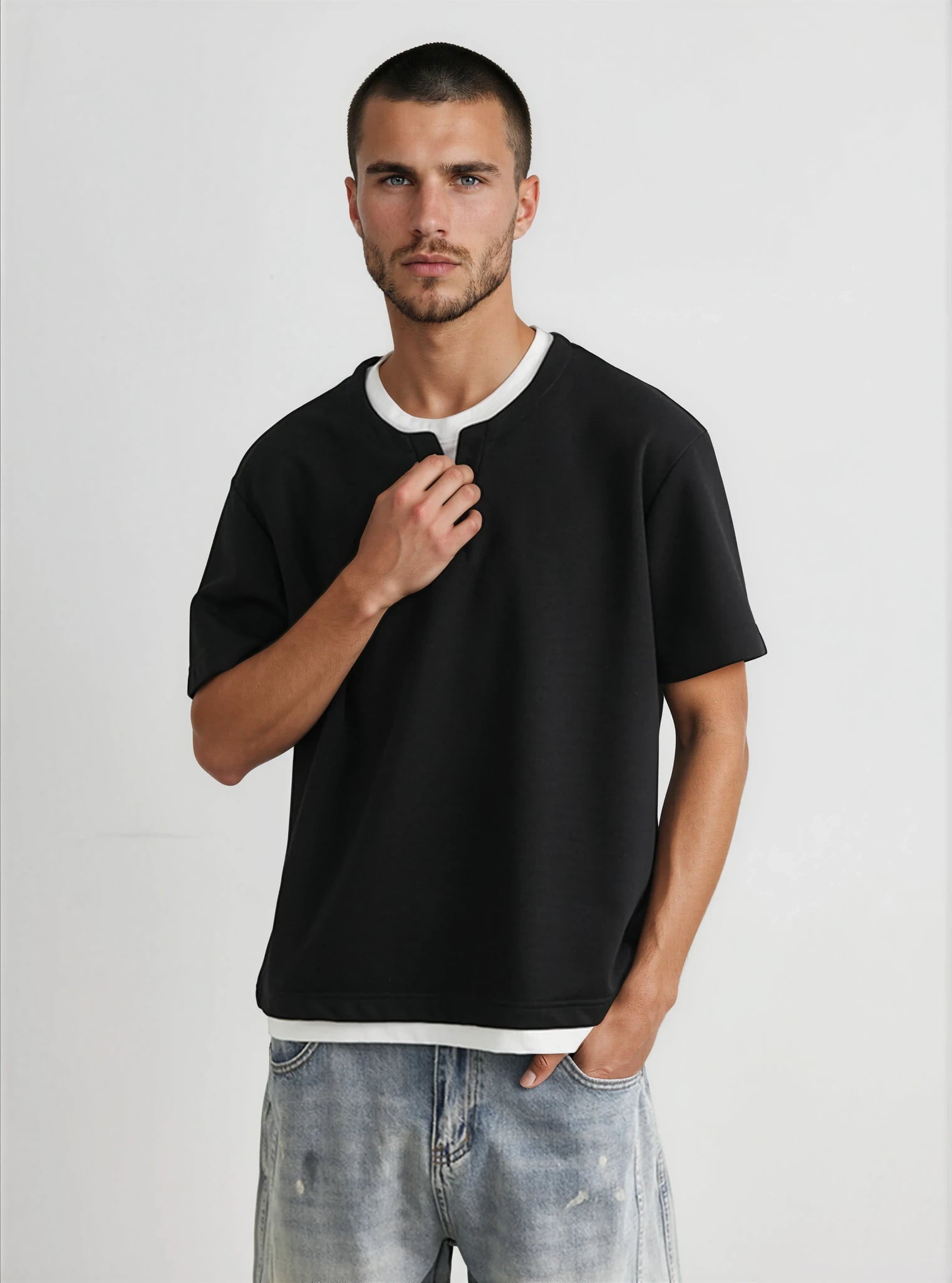 Men's Two-Piece Henley Collar Short-Sleeve T-Shirt