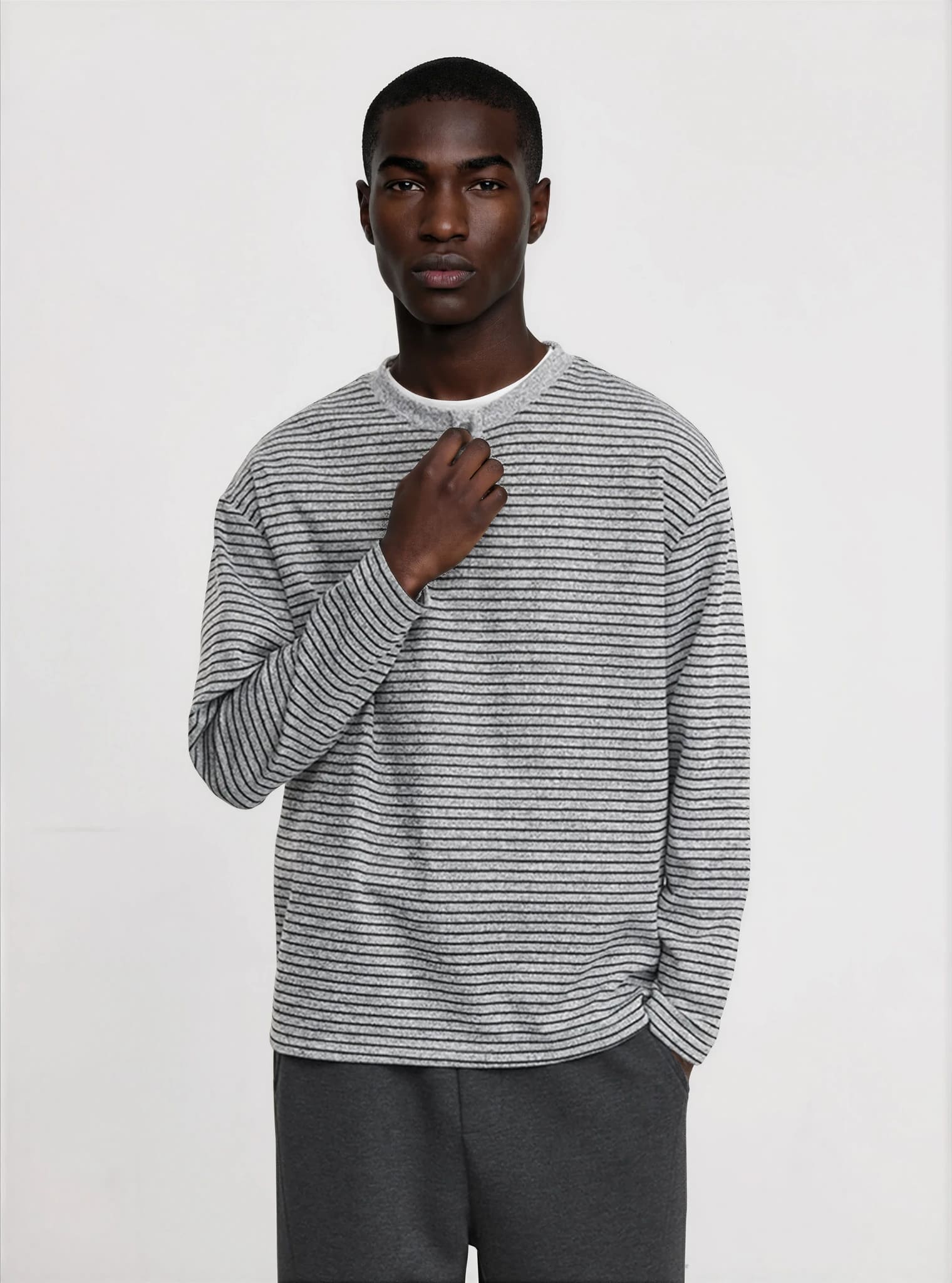 Men's Striped Knit Henley Collar Long Sleeve T-Shirt