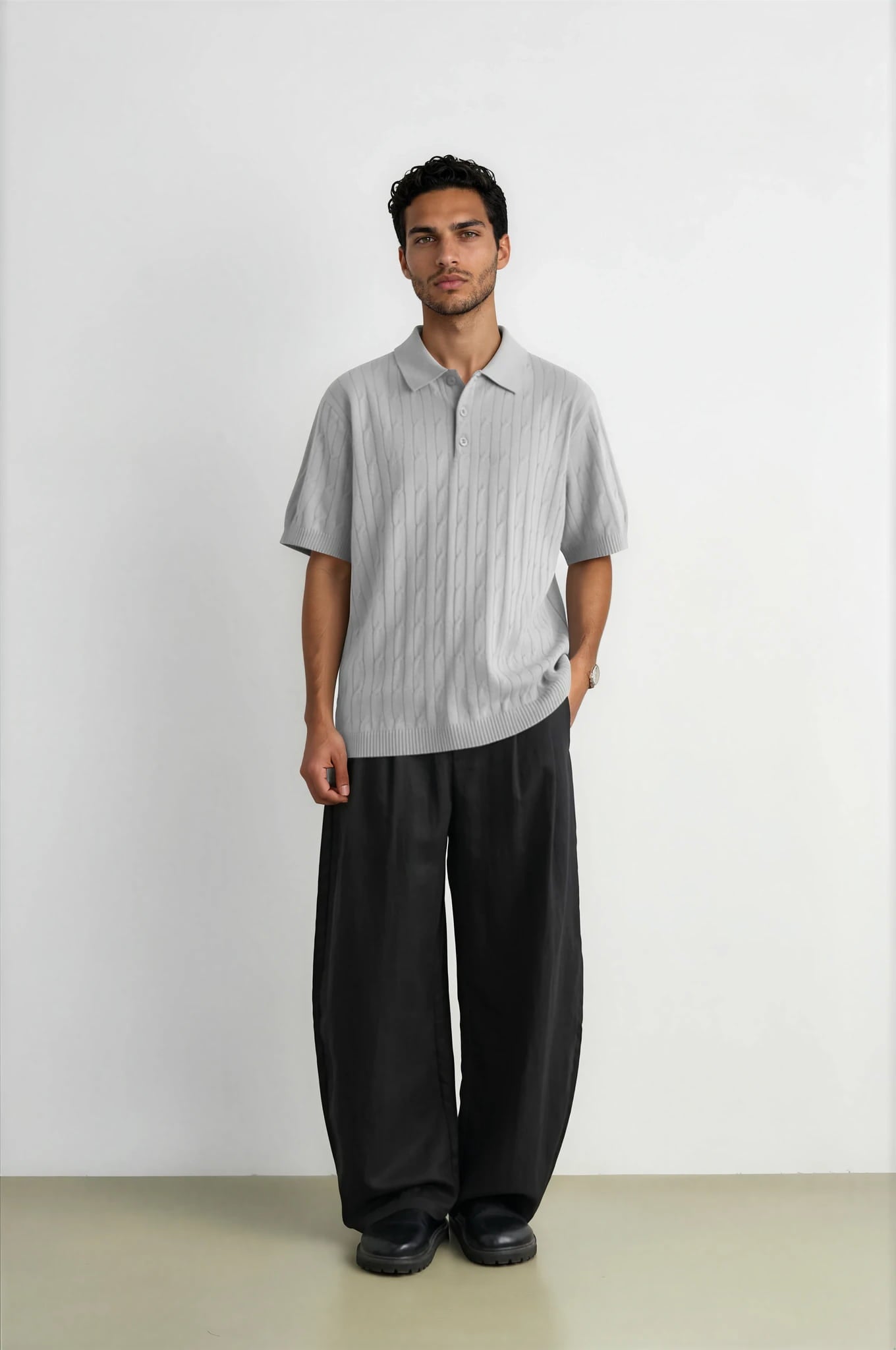 Men's Cable Knit Texture Polo Shirt