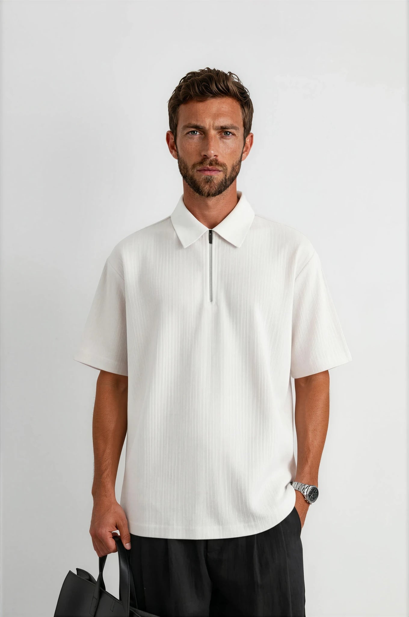Men's Quick-Dry Vertical Stripe Texture Half-Zip Polo Shirt