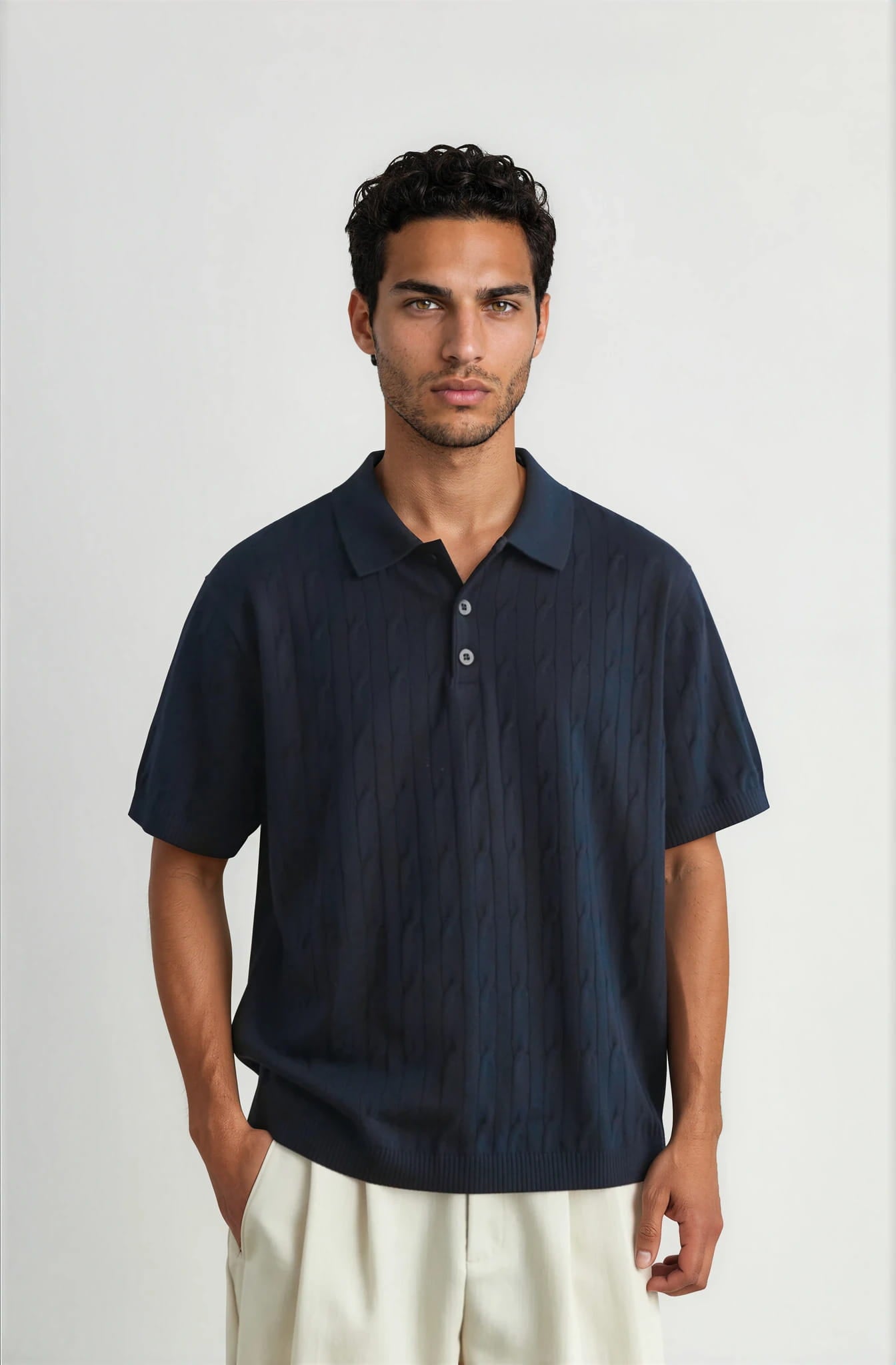 Men's Cable Knit Texture Polo Shirt