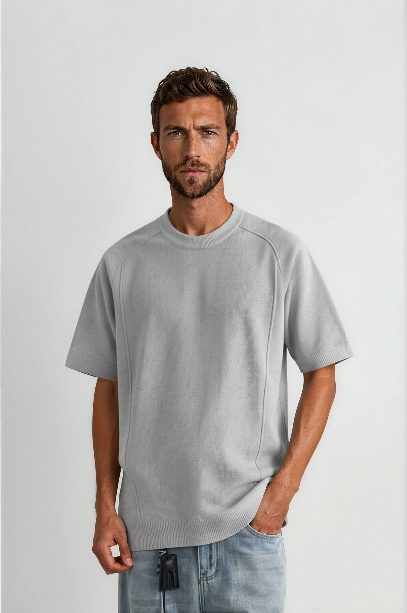Men's Minimalist 14-Gauge Knit T-Shirt with 3D Stitching