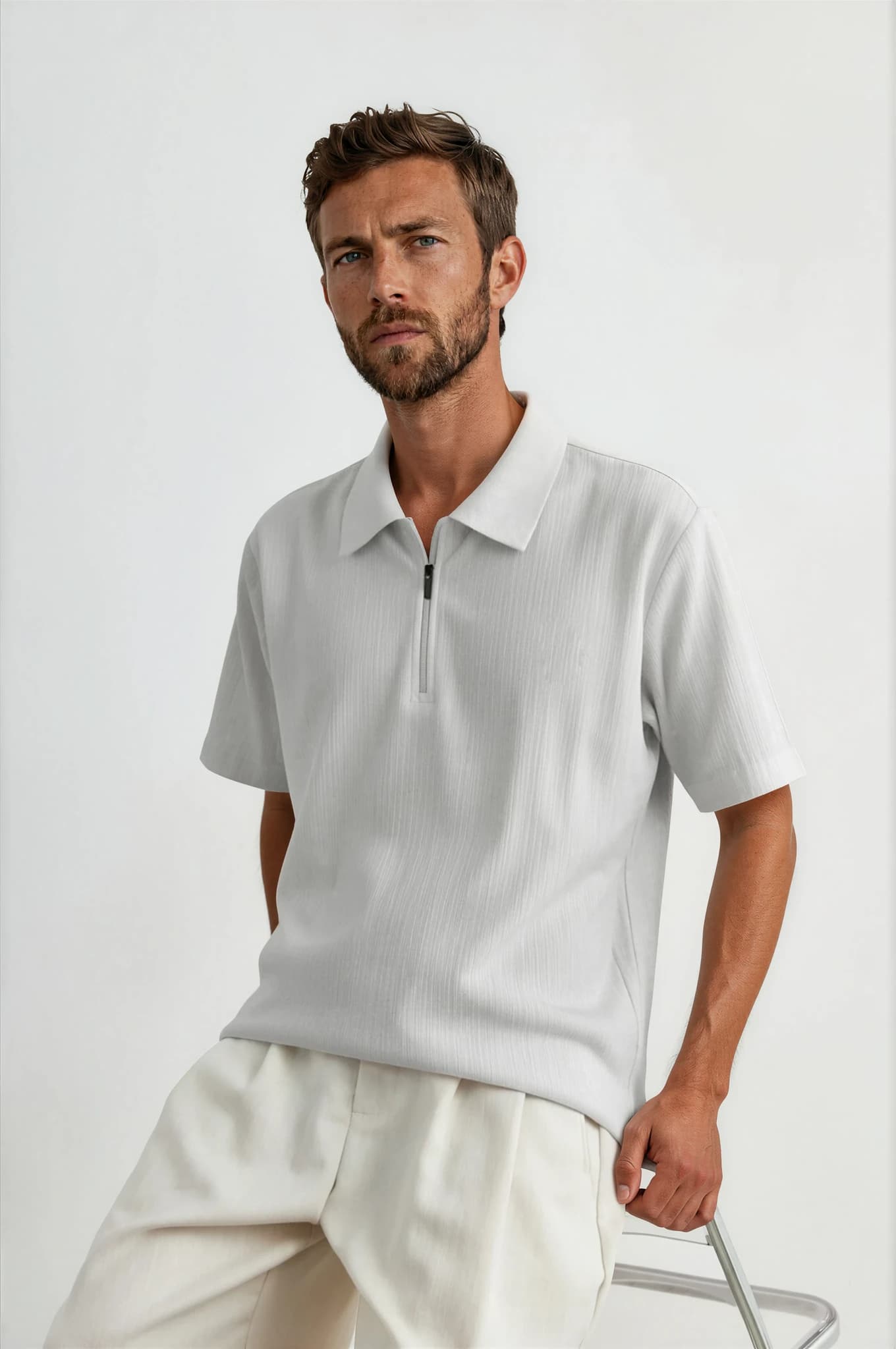 Men's Quick-Dry Vertical Stripe Texture Half-Zip Polo Shirt