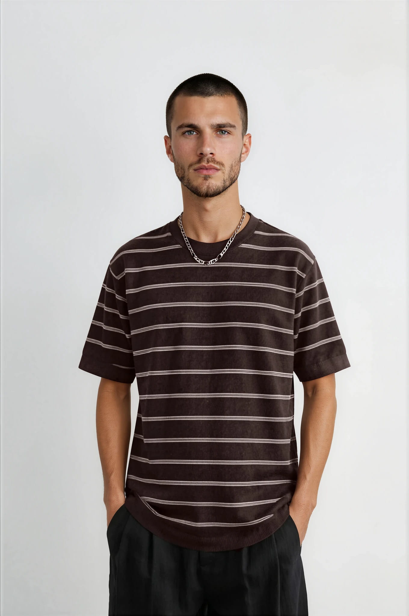 Men's Lyocell 14-Gauge Striped Knit Crew Neck T-Shirt